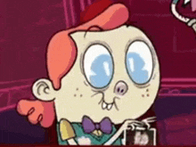 a close up of a cartoon character with big blue eyes and a bow tie .