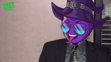 a man in a suit and tie is wearing a purple hat and sunglasses with the word yeet on the bottom