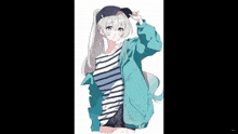 a drawing of a girl wearing a striped shirt and a blue jacket