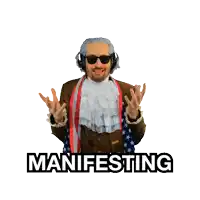 a man wearing headphones and a scarf with the word manifesting written below him