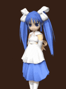 a girl with blue hair and white bows holding two guns