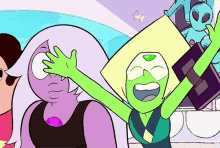a cartoon of a green and purple cartoon character