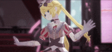 a girl with long blonde hair is wearing a hat and gloves .
