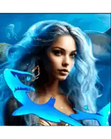 a woman with blue hair is surrounded by sharks