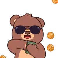 a teddy bear wearing sunglasses is holding a wallet full of money