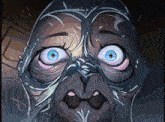 a close up of a cartoon character 's face with big blue eyes