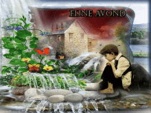 a picture of a boy sitting in front of a waterfall with fijne avond written on the bottom