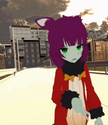 a cartoon character with purple hair and green eyes is walking down a street