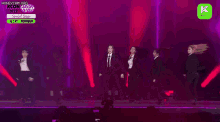 a group of women in suits and ties are performing on stage .