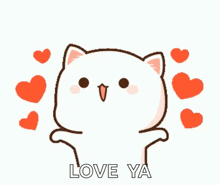 a cartoon cat is surrounded by hearts and says `` love ya '' .