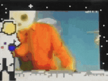 a pixel art drawing of a man in a space suit holding a blue object