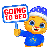 a cartoon character holding a sign that says going to bed