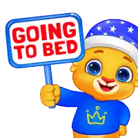 a cartoon character holding a sign that says going to bed