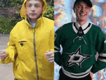 a man wearing a yellow jacket and a man wearing a green jersey with a star on it