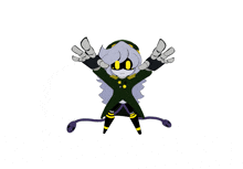 a cartoon drawing of a person with a green jacket and yellow eyes