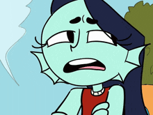 a cartoon drawing of a girl with long blue hair and a necklace