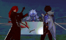 a man with red hair is holding a sword