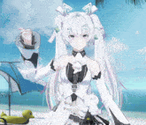 a girl with long white hair is standing on the beach