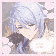 a boy with long white hair and blue eyes is surrounded by pink hearts and says ayato de aki .