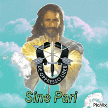 a picture of jesus with the words sine pari on the bottom right
