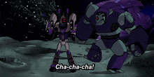 a cartoon character says cha-cha-cha while standing next to another character