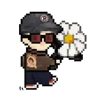 a pixel art of a person holding a flower with the letter r on his hat