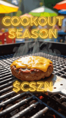 a hamburger is cooking on a grill with the words cookout season $ cszn below it