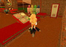 a boy and a girl are playing a video game in a pizza shop