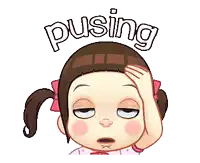 a cartoon girl is holding her head and the word pusing is above her head