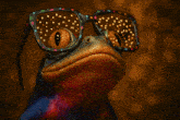 a colorful frog wearing a pair of glasses with a reflection of a starry sky