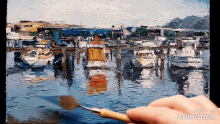 a painting of boats in a harbor is being made in animatica