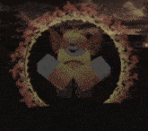 a cartoon character is standing in a circle of fire in a dark room .