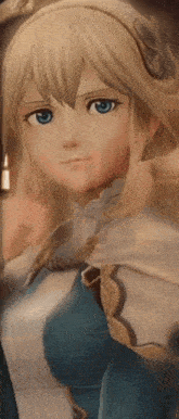 a girl with blonde hair and blue eyes is wearing a blue and white outfit