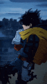 a cartoon character with a yellow scarf around his neck and a backpack