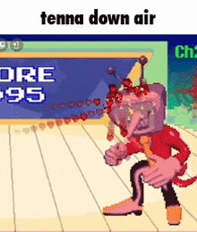 a cartoon character with a cake on his head is standing in front of a score board with the number 95 on it .
