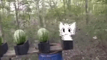 a cartoon cat is standing next to a bucket of watermelons in a forest .