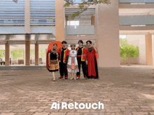 a group of people standing in front of a building with ai retouch written on the bricks