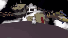 a cartoon character is standing on a cliff in a video game surrounded by clouds