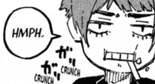 a black and white drawing of a person with a speech bubble that says hmph and crunch