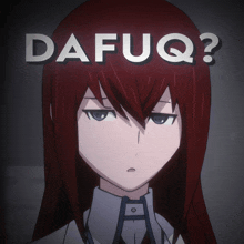 a red haired anime girl with the words da fuq on her head