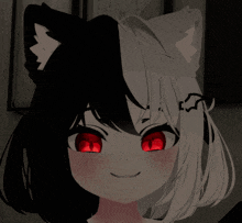a girl with black and white hair and red eyes