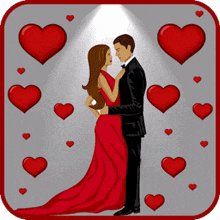 a man in a tuxedo and a woman in a red dress are hugging each other
