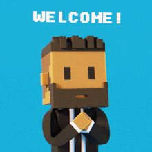 a man with a beard is standing in front of a sign that says welcome