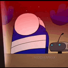 a cartoon character is standing in front of a microphone in a room .