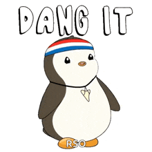 a cartoon penguin is wearing a red white and blue hat and says dang it