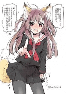 a drawing of a girl with fox ears and a tail pointing at someone .