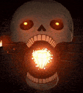 a cartoon skull with a diamond in its mouth and glowing eyes .