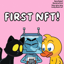a poster that says first nft with cartoon characters