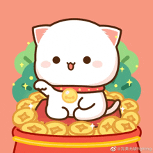 a cartoon cat is sitting on a pile of coins