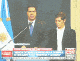 two men are standing in front of a podium with the words argentinas on the screen